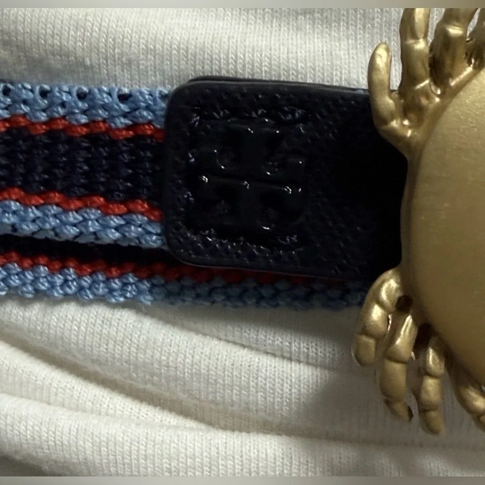 Tory burch Crab Clasp Striped Webbing Skinny Elastic Belt Blue Red